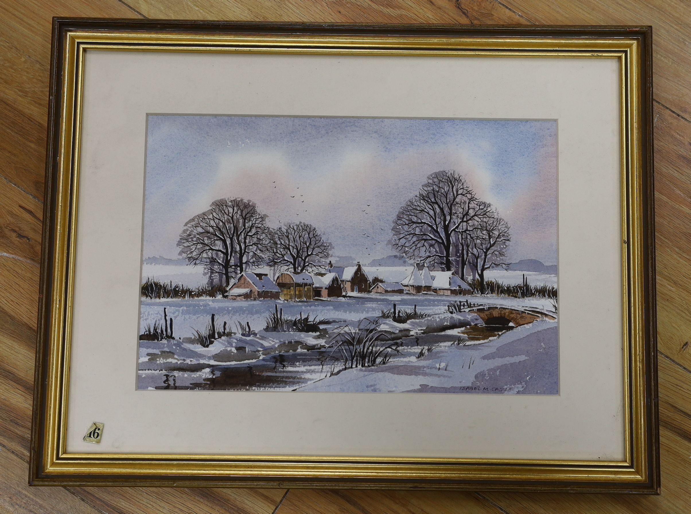 Isabel M. Castle (20th C.), watercolour, 'Bridge in the snow', signed, 20 x 30cm